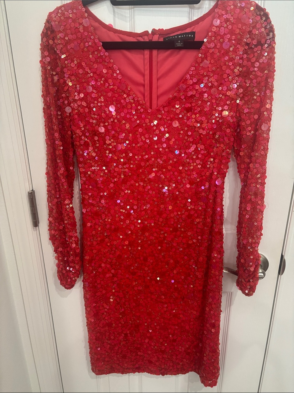 Aidan Mattox Coral Color Sequin Long Sleeve V-Neck Dress